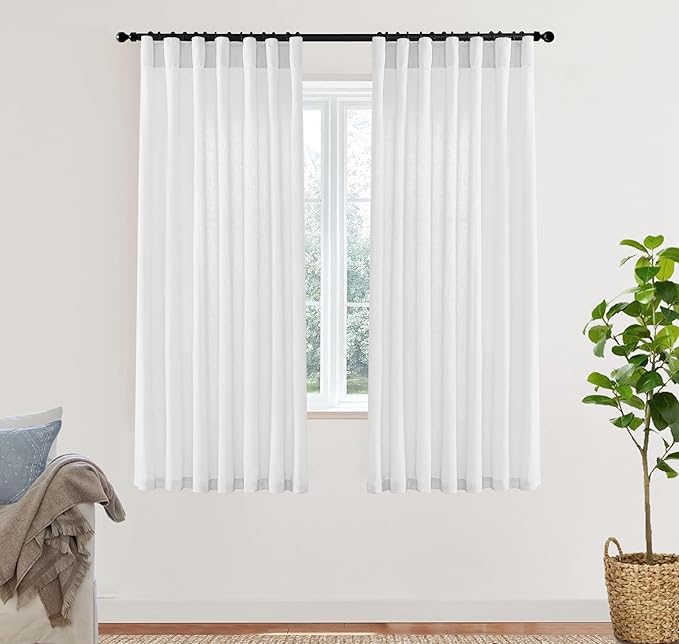 XTMYI White Sheer Curtains 63 Inch Length for Living Room 2 Panels Natural Linen Voile Rod Pocket Back Tab Short Sill Length Bay Window Curtain Set for Dark Bedroom,50x63 Inches Long,Pure White