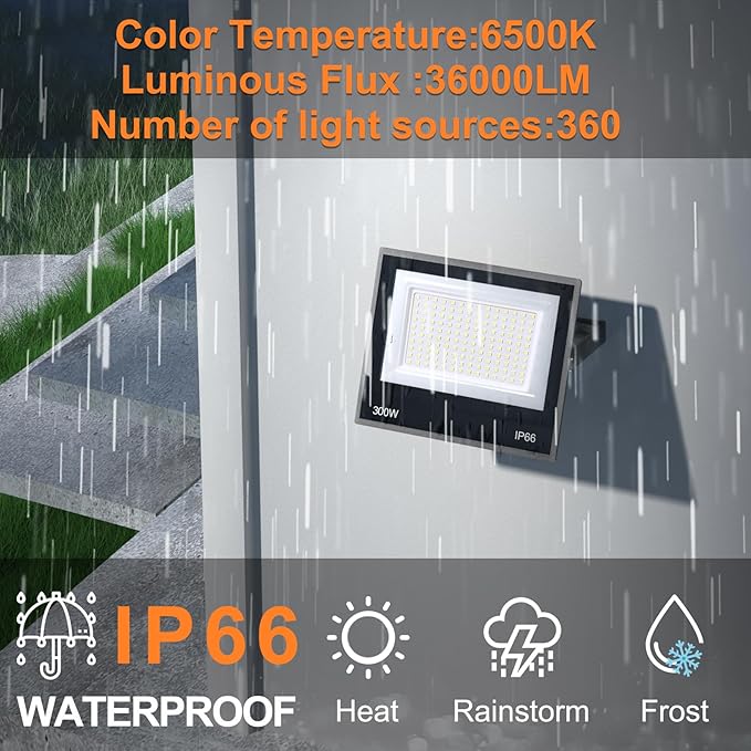 XXBSAZ 2 Pack 300W LED Flood Lights Outdoor, 37,000LM Plug-in Hardwire Work Light IP66 Waterproof - 6500K Daylight Bright for Yard, Garage, Stadium