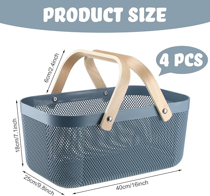 Sadnyy 4 Pcs Plastic Mesh Garden Harvest Basket Storage Basket with Wooden Handle Multi Functional Mesh Bin for Kitchen Cabinet Picnic Fruit Vegetable Gathering Organizer(Large,Blue)
