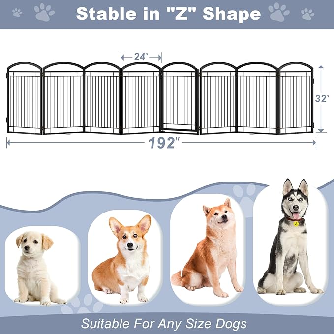 Full Metal Free Standing Dog Gate with Door for Indoor Outdoor,192'' Extra Wide 32'' Tall Dog Gates for Doorways,Large Openings,Decks,Freestanding Portable Pet Fence(8 Panels,Black)