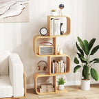 Giantex S-Shaped Bookcase, 4-Tier Bamboo Bookshelf with 4 Open Cubes, Geometric Corner Display Shelf, Decorative Storage Organizer, Floor Storage Rack for Living Room, Home Office, Natural