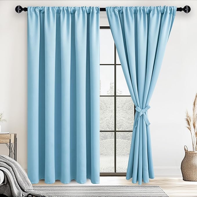 JIUZHEN Blackout Curtains for Bedroom - 60 Inch Extra Wide Thermal Insulated Room Darkening Privacy Soundproof Curtains for Living Room/Dorm Room, Set of 2 Panels, 60 x 72 inches,Light Blue