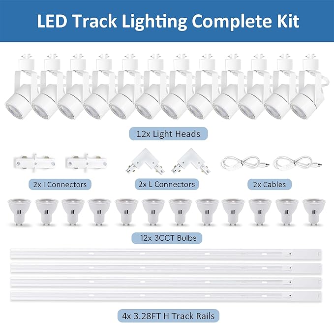 Dimmable LED GU10 Track Lighting Kit with Replaceable GU10 Bulbs, 12-Pack All-in-One Plug in 3CCT Ceiling Spotlights with 13.1FT Track Rails, Accent Lighting for Home, Store, Moblie Cart and Office