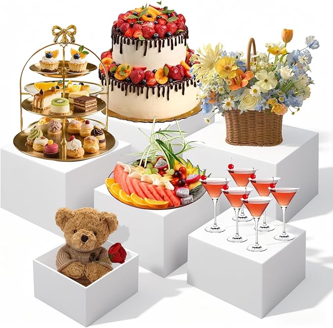 6 Pcs Buffet Risers and Stands, Large Food Risers for Buffet Table, Display Stand Shelf for Party, Catering, Jewelry & Collectibles, White Acrylic Nesting Boxes for Food Display (5" 6" 7" 8" 9" 10")