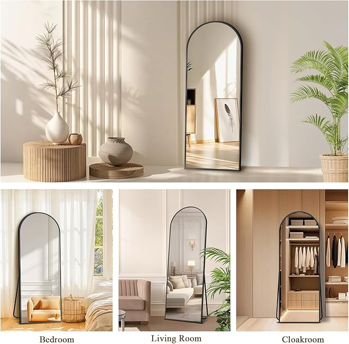 57"x20" Full Length Mirror with Stand, Shatterproof Arched Floor Mirror, Aluminum Alloy Thin Frame - Freestanding/Leaning/Wall Mount for Bedroom, Living Room & Entryway (Black)