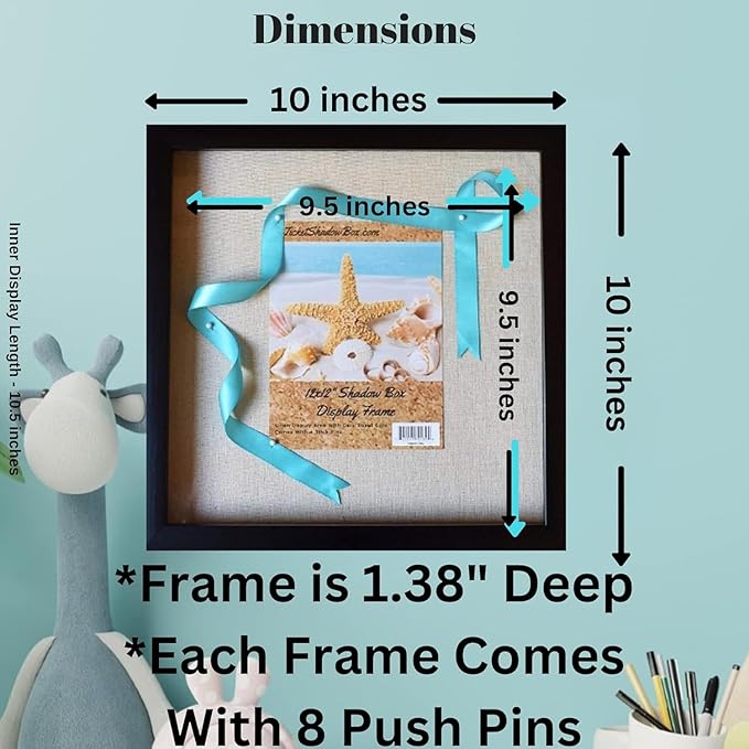Tasse Verre 10x10 Black Display Shadow Box (2-Pack) Frame w/Linen Background and 16 Stick Pins - Ready to Hang Shadowbox Picture Frame - Box Display Baby Memorabilia Wedding