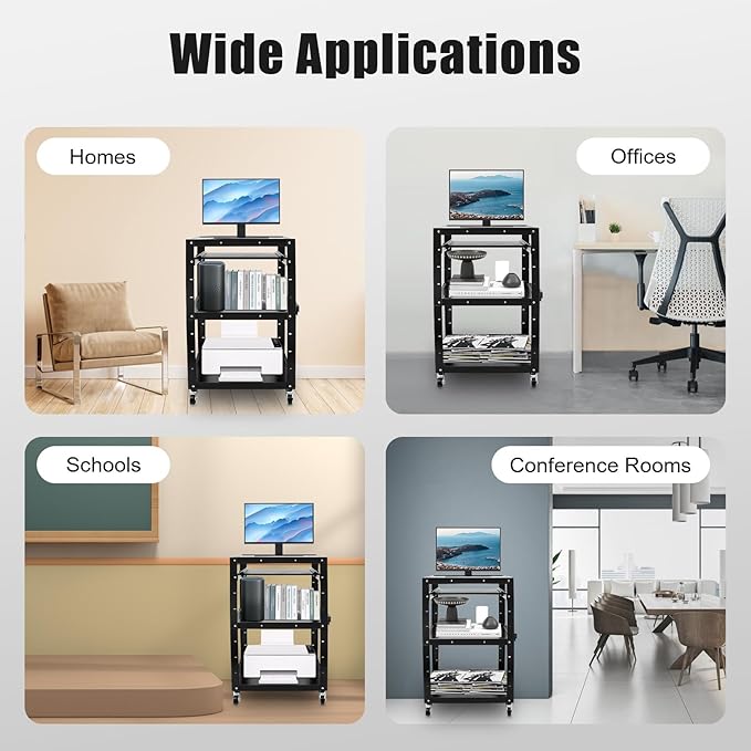 AV Cart on Wheels, Commercial Mobile Utility AV Carts with Wheels, Height Adjustable Top Shelf & Pullout Keyboard Tray, Rolling Presentation and Media Cart for Office, Library