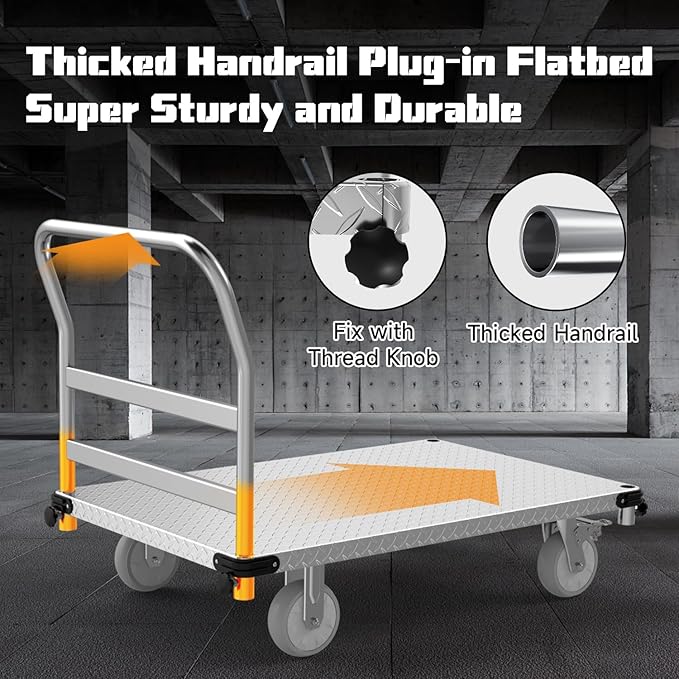 Platform Truck 3000LBS Capacity Industrial Flatbed Cart with 2 Detachable Handels, 44" x 28" Push Dolly with 6" Rubber Swivel Wheels, Heavy Duty Flat Cart Hand Truck for Industrial and Commercial