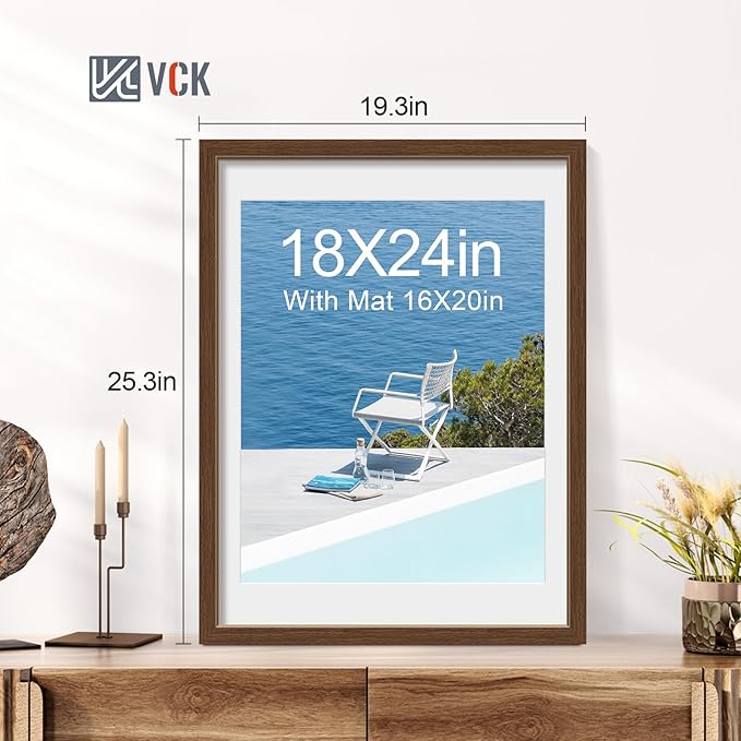 VCK 18x24 Poster Frame 5 Pack - Brown, High-End Wood Picture Frames with Polished Plexiglass, Display 16x20 Photo with Mat or 18x24 without Mat, Art Gallery-Quality, Wall Hanging, Brown