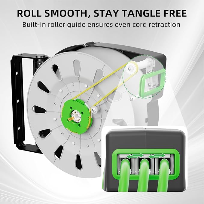 50 FT Retractable Extension Cord Reel, Heavy Duty 12AWG/3C SJTOW Power Cord, Lighted Triple Tap, 15A Circuit Breaker, Wall/Ceiling Mount Electric Cord Reel for Garage & Workshop, ETL Listed, Green