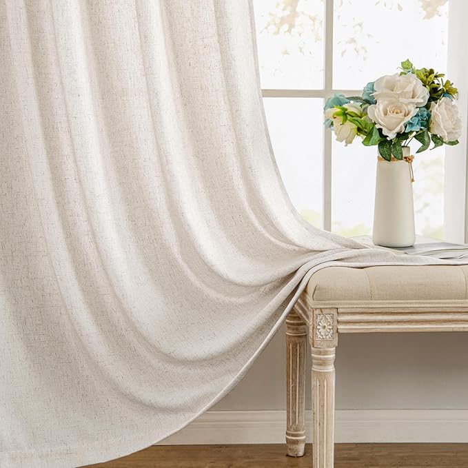MIULEE Non-See-Through Privacy Linen Curtains 2 Panels, Light Filtering Window Curtains Farnhouse Textured Back Tab Semi Sheer Drapes for Bedroom Living Room, 52 x 90 Inches Long, White