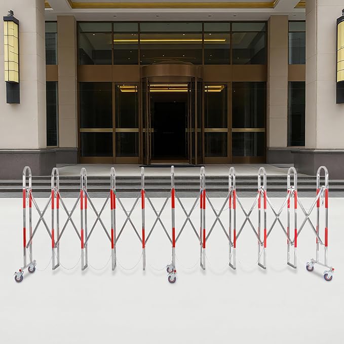 Expandable Metal Barricade, Safety Barrier with Casters 1.1x5M Portable Mobile Gate Stainless Steel Fence for Garage Construction Site Traffic Control (Red)