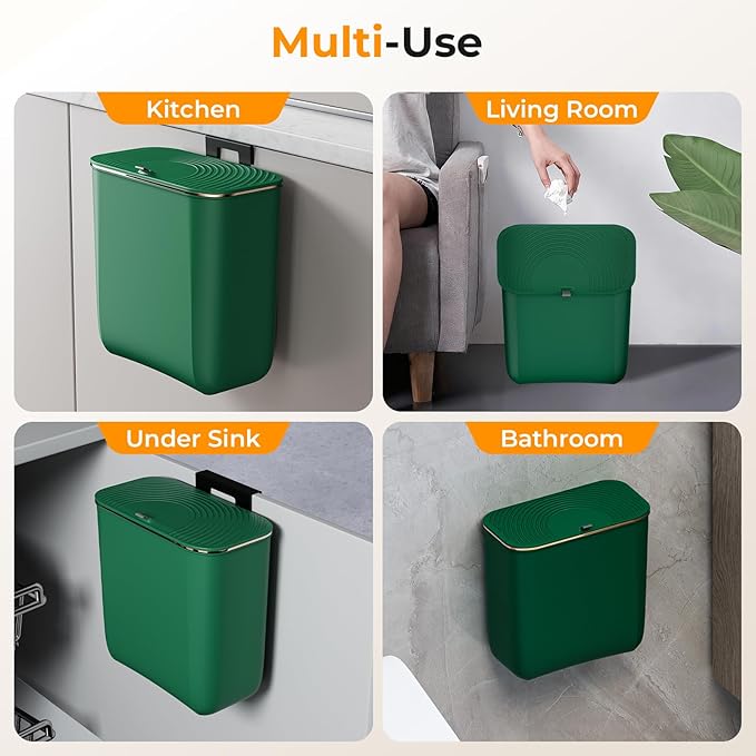 2.4 Gallon Hanging Trash Can - Small Under Sink Trash Can with Lid, Wall Mounted Garbage Bin for Kitchen & Bathroom Cupboard, Odor-Control, Extended Clamping Ring, Green