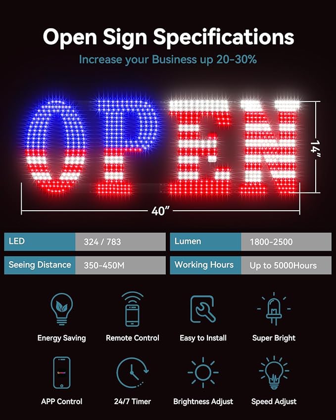 Open Sign for Business, 40"x14" Jumbo Open Sign with Timer and Remote Control, Dynamic Light Modes Led Signs for Storefront Window Bar Salon Cafes Retail Shops US Flag