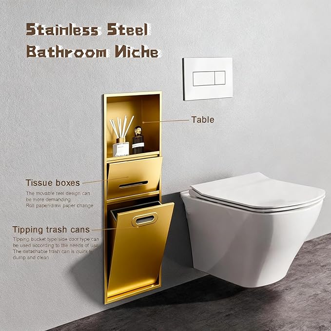 Stainless Steel Shower Nich, 25.4X11.2IN Recessed Waterproof Bathroom Niche, Built-in Trash Can Alcove, Toilet Paper Toiletries Storage Rack for Kitchen Living Room Bedroom Hotel Residential