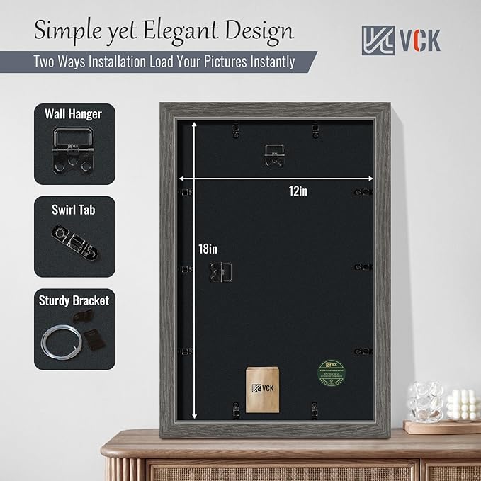 VCK 12x18 Picture Frame 2 Pack - Grey, High-End Wood Poster Frames with Tempered Glass, Display 11x17 Photo with Mat or 12x18 without Mat, Art Gallery-Quality, Wall Hanging, Grey