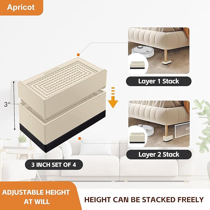 Bed Risers, 3 Inch Heavy Duty Adjustable Furniture Lifts Leg Extenders for Bed Desk Table Couch Frame Feet Accessories, Supports up to 1300 Lbs (Beige, 4 Pack Set)