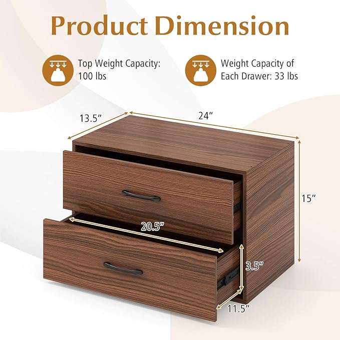 POWERSTONE 2 Drawers Storage Cabinets, Wooden Dresser Organizer, Under Desk Storage for Living Room, Bedroom, Home Office, Walnut