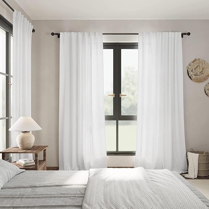 White Semi Sheer Linen Curtains 72 Inch Length for Living Room Back Tab Rod Pocket Modern Farmhouse Coastal Decor White Cotton Textured Gauze Curtains 72 Inches Long for Dining Room Office 42x72