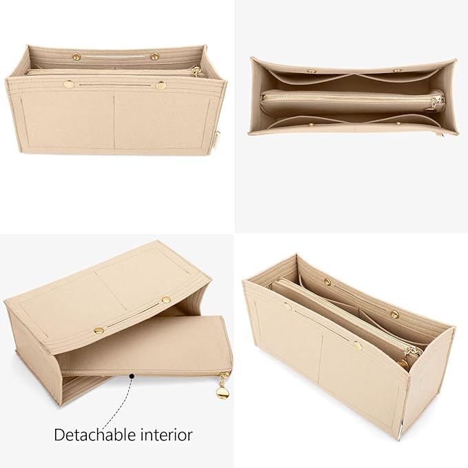 LEXSION Felt Purse Organizer Insert,Handbag Organizer with Detachalbe Zipper Pocket for ONTHEGO GM,3 Size 8034 Beige Large