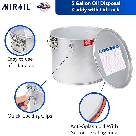 MirOil 5 Gallon Oil Grease Bucket & Filter Pot – Silver Fryer Container with Lid Lock & Lock Clip - Low Profile Hot Grease Collection Pot for Disposal Under Drain Valves – Model #40L