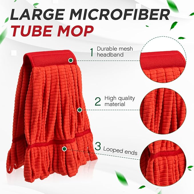 Hushee 12 Pack Large Microfiber Tube Mop Heads 18 oz Heavy Duty Commercial Industrial Wet Mop Head Refill Reusable Machine Washable Looped End Mopheads for Hardwood, Tile, Laminate Floors (Red)