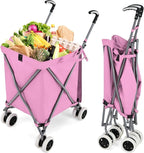 Goplus Folding Shopping Cart with Wheels, Grocery Cart with Removable Oxford Cloth Liner, Lightweight Utility Cart for Groceries Laundry, Pink