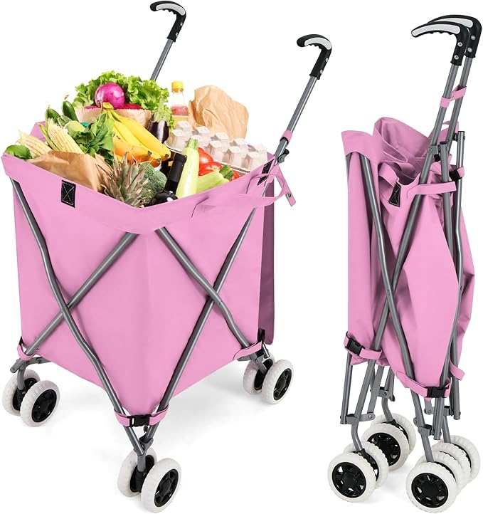 Goplus Folding Shopping Cart with Wheels, Grocery Cart with Removable Oxford Cloth Liner, Lightweight Utility Cart for Groceries Laundry, Pink