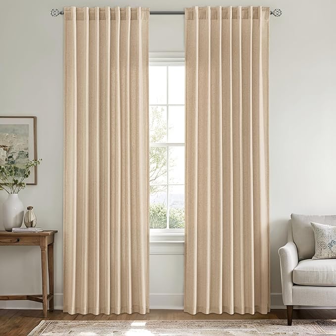 MIULEE Non-See-Through Privacy Linen Curtains 2 Panels, Light Filtering Window Curtains Farnhouse Textured Back Tab Semi Sheer Drapes for Bedroom Living Room, 52 x 84 Inches Long, Light Brown