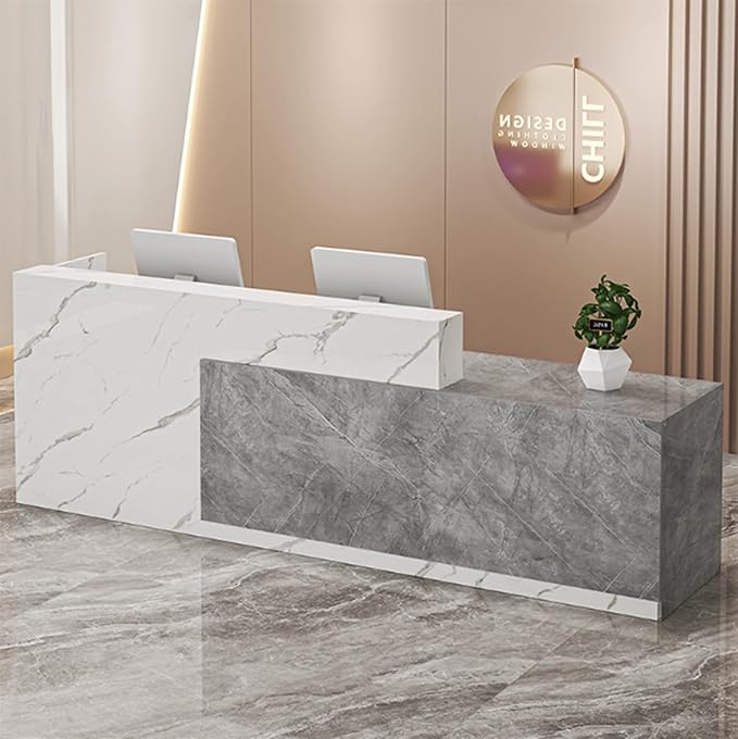 PLMOKN Wood Reception Desk Marble Stone with Checkout Retail Counter L Shaped Modern Mostrador para Negocio Office Desk Closed Front with Storage Drawers for Barber,Salon,Clothing Store
