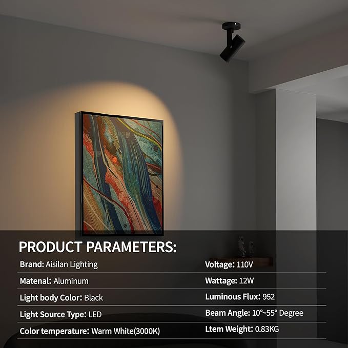 Aisilan Black LED Zoomable Ceiling Spotlight 12W Dimmable Adjustable Beam Angle 10-55° Swivelable Angle CRI 97 Matt Aluminum Directional Accent Lamp for Corridor Mural Living Room, Warm White 3000K