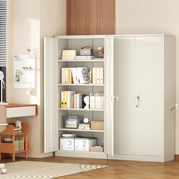 Superday Metal Storage Cabinet with Lock, 72" H Garage Storage Cabinet with Doors and 4 Adjustable Shelves,Putty Steel Locking Cabinets for Office, Home, Garage, Gym, School