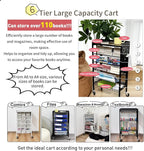 Lumizone Foldable Book Cart 6-Tier Large Capacity Bookshelf Single Sided V-Shaped Sloped Shelves With brake Wheels With PegBoard Slim Rolling Utility Cart Storage Rack, Home Shelves and Office (Black)