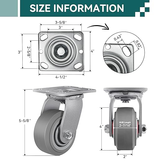 4'' × 2'' Caster Wheels, Heavy Duty Industrial Casters Set of 4 Rubber Wheels, Load 2400lbs Capacity, Swivel Caster for Cart Dolly Toolbox (2 Swivel & 2 Rigid)