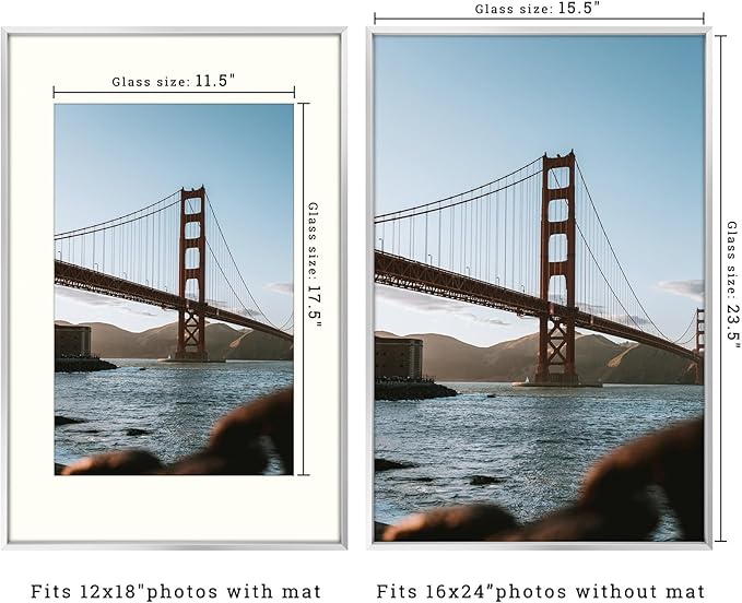 Frametory, 16x24 Metal Picture Frame with Mat for 12x18 Picture & Real Glass, Aluminum Photo Frame Collection (Silver, 1 Pack)