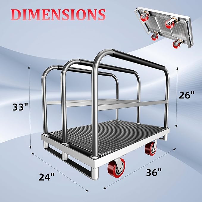 2IN1 Heavy Duty Panel Truck, 36" x 24" Platform Cart w/Rubber Mat & 3 Handrails, 2600 lbs Capacity Drywall & Lumber Cart, Flatbed Cart w/2 Swivel Casters, All-Steel Hand Truck Push Cart