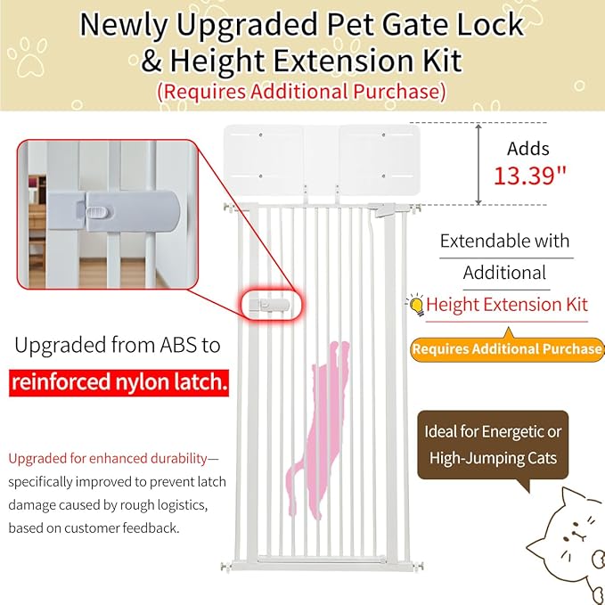 Lumizone Extra Tall Cat Gate 55.12" High Pressure Mounted Extra Wide 2025 New (17 Sizes) 1.37" Gap No Drilling Auto-Close One-Handed Operation Tall Pet Gate for Dogs(White, 55.12" H x 29.92"-46.64" W)