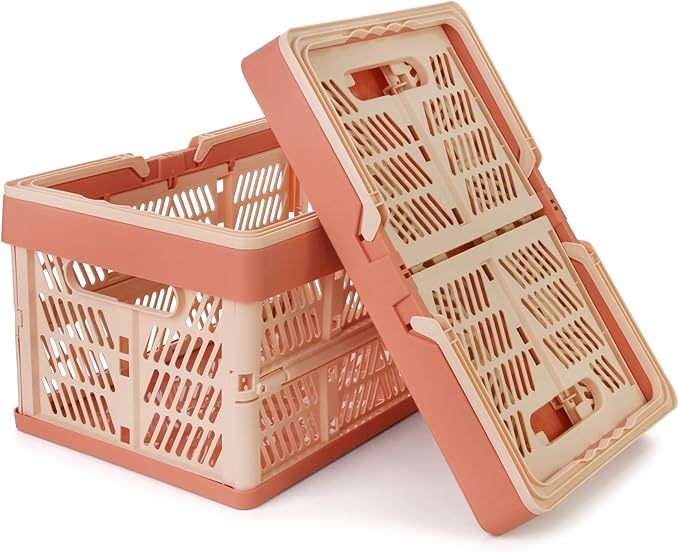 Domiella 2-Pack Foldable Storage Baskets, Collapsible PP Crates with Handles - 20L Capacity, Strong and Portable for Home Organization, Picnic and Shopping, Pink