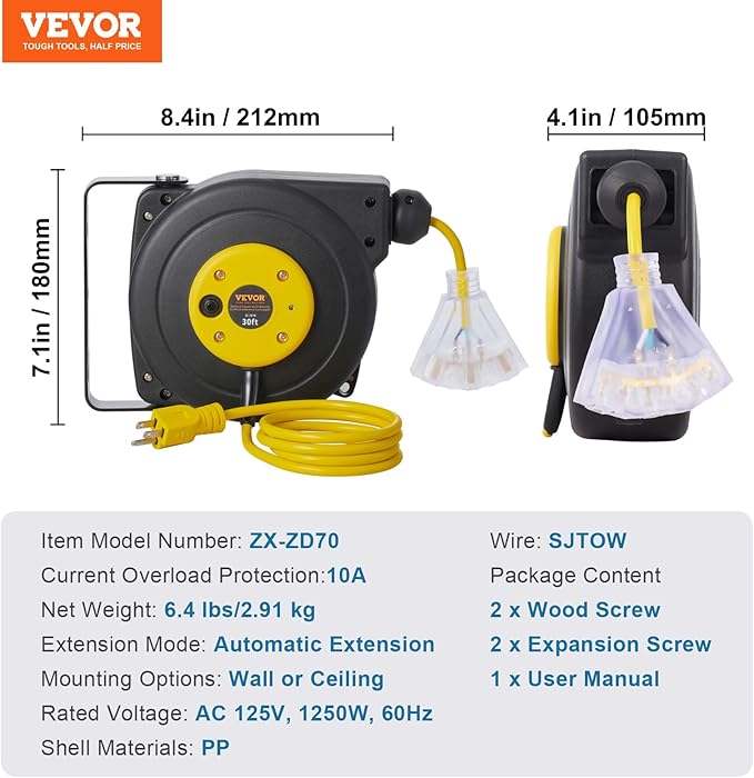 VEVOR Retractable Extension Cord Reel, 30 FT, Heavy Duty 16AWG/3C SJTOW Retractable Power Cord Reel with Lighted Triple Tap Outlet 10 Amp Circuit Breaker 4.5FT Lead-in Cord, for Ceiling or Wall Mount