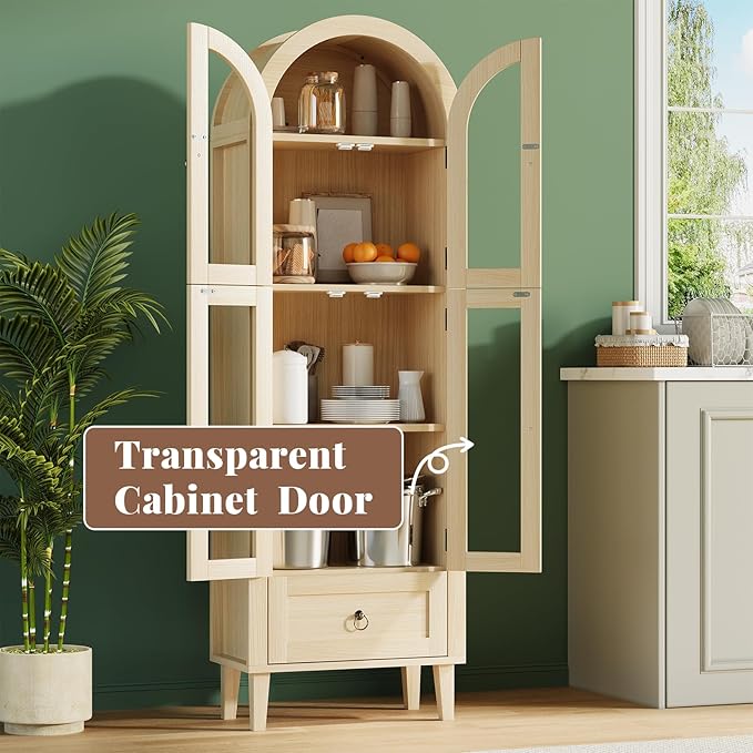 71” Tall Arched Pantry Cabinet with Glass Door, Display Cabinet Organizer with Drawer, Versatile Pantry with Top-Opening Storage Container for Living, Kitchen Dining Room, Natural