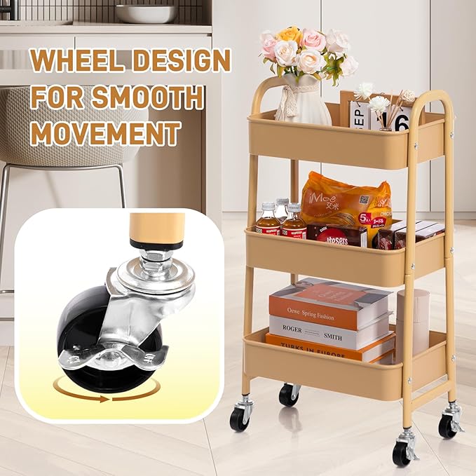 AGTEK 3-Tier Rolling Carts with Wheels, Rolling Utility Cart with Iron Frame for Kitchen, Plastic Shelves, Living Room, Office, Khaki