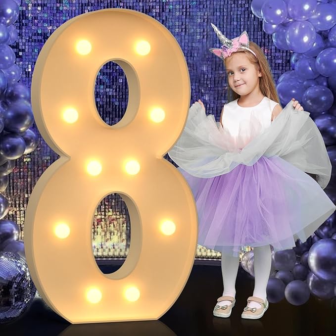 4FT Giant Marquee Light Up Numbers, Large Marquee Numbers for 8th 18th 80th Birthday Decorations, Pre-Cut DIY Mosaic for Balloons 8