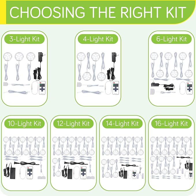 Under Cabinet LED Puck Lights Kit, Kitchen Hutch Shelf Lighting, Parallel Connection, 120VAC Wall Plug & Hardwired, Remote Control Dimmable, Warm White, 16 Lights