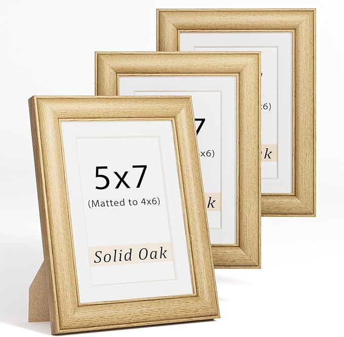 Natural Oak 5x7 Picture Frames Mat to 4x6 Picture Display Set of 3,Original Wood Handcrafted 5x7 Wooden Photo Frame with Tempered Glass Graduation Family Wedding Pictures Tabletop & Wall Decor