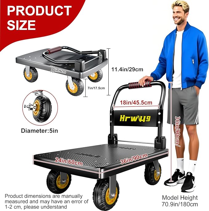 Platform Truck, Foldable Push Cart Dolly with Four 360 Swivel 5'' Wheels, 1200LBS Capacity Heavy Duty Moving Platform Trucks Hand Cart for Groceries, Garage, Warehouse (Black)
