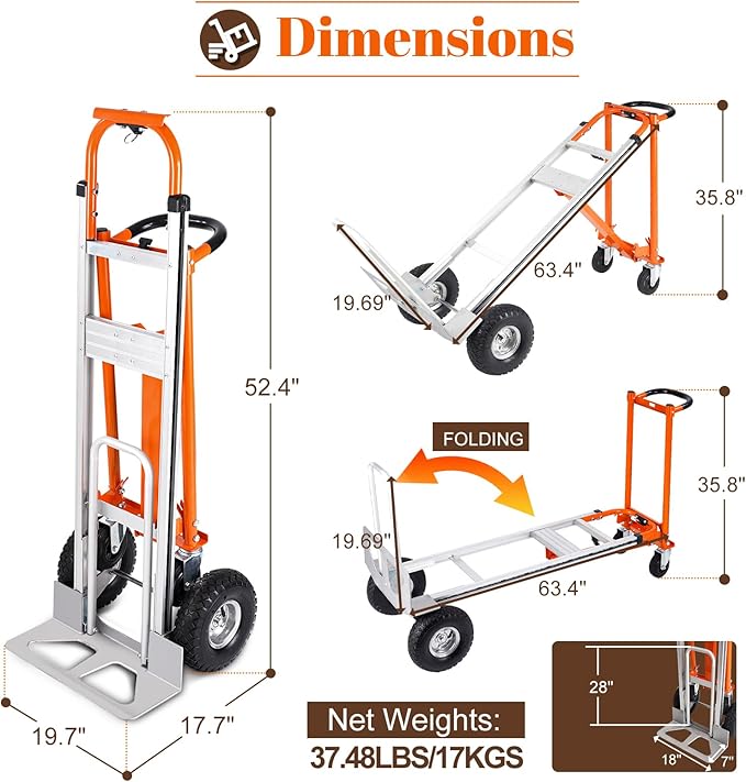 4-in-1 Convertible Hand Truck Dolly Cart, 770 lbs Heavy Duty Folding Hand Truck with 10" Solid Wheels, Aluminum Portable Dolly Hand Cart for Moving, Office, Home & Warehouse Use