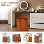 Modern Square Ottoman 2Pcs, Vertical Channel Tufted Foot Stool Ottoman, Velvet Upholstered Vanity Stool for Makeup, Bedroom, Living Room, Dark Orange