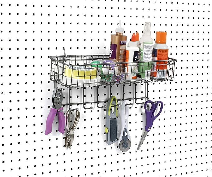 Spectrum Pegboard & Wall Mount Wire Basket With 8-Hook Station (Industrial Gray) - Storage & Organizer For Garage, Tools, Shed, Home, Work Bench, Crafts, & More