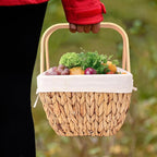Wicker Picnic Basket with Handle and White Liner, Perfect for Couples, Families, and Friends. Hand-Woven Water Hyacinth Basket with Lining for Outdoor Dining and Home Decor