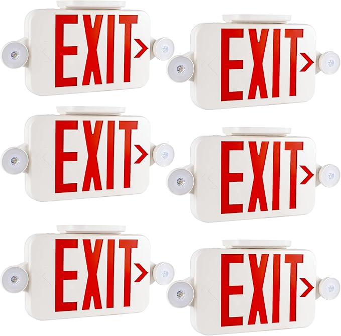 Gruenlich LED Exit Sign Combo with Emergency Lights, Adjustable Heads, Battery Backup, UL 924 Qualified, AC 120-277V, Commercial Emergency Exit Light for Business- 6 Pack